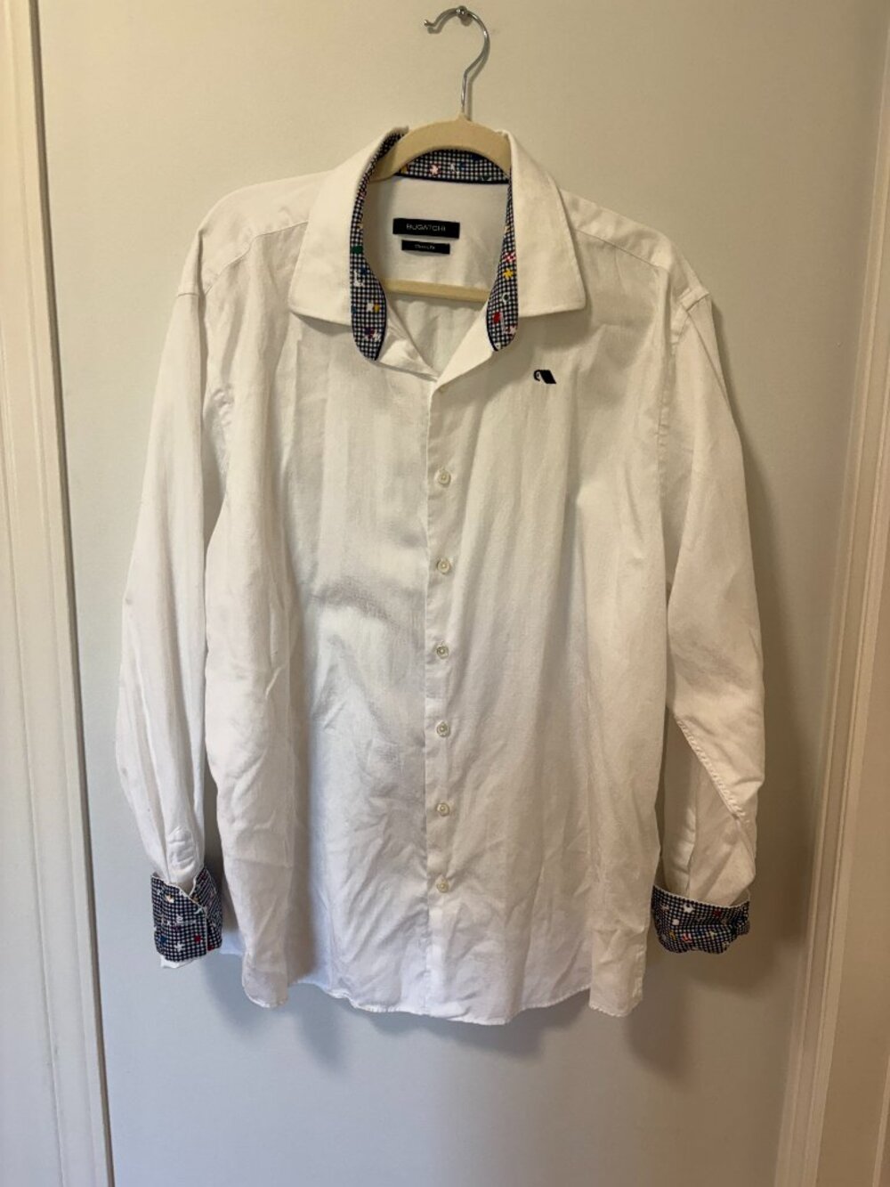 Bugatchi Men’s White Button Up Shirt Printed Colourful Cuffs Gingham Size XL